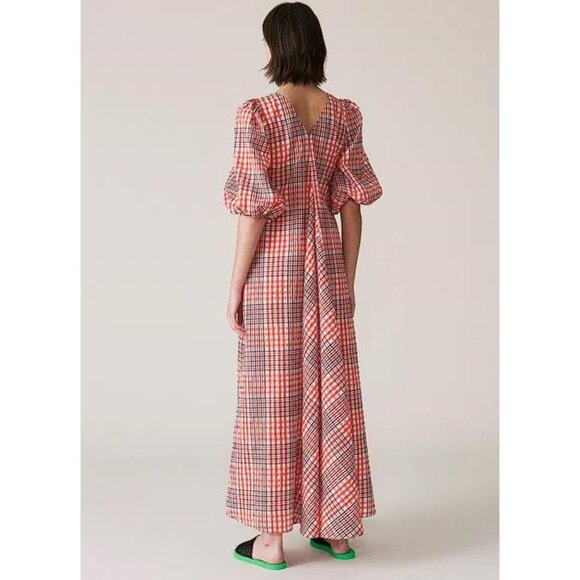 GANNI Women's Checked Cotton-Blend Seersucker Maxi Dress Size 34 In Red - Picture 3 of 8